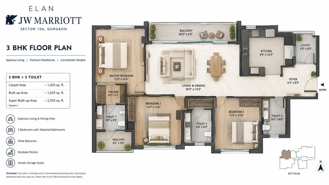 Elan JW Marriott Sector 106 3 BHK Floor Plan